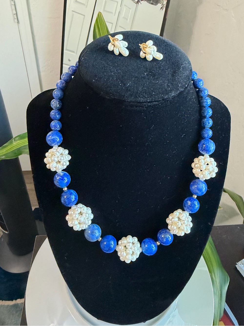 Zoe B lapis lazuli+seed pearl necklace with 14k clasp + matching earrings